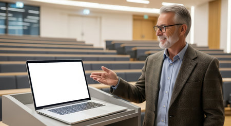 Elderly caucasian male professor presenting in lecture hall with laptopの素材