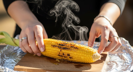 Grilled corn on the cob handheld by female adult with steam on wooden boardの素材