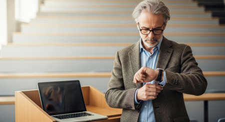 Elderly caucasian male professor in classroom checking watch near laptopの素材