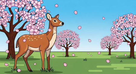 Cartoon deer in cherry blossom field on clear spring dayの素材