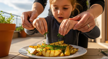 Young caucasian girl helps prepare grilled potatoes with herbs outdoorsの素材