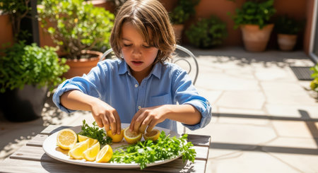 Young caucasian boy preparing lemons and herbs on patioの素材