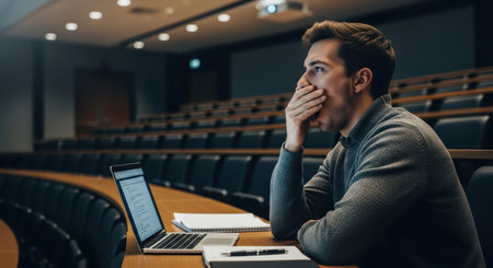 Male student in lecture hall with laptop, caucasian young adult studying attentivelyの素材