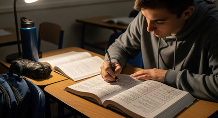 Young caucasian male studying in classroom at nightの素材