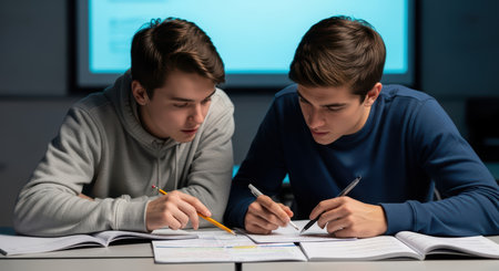 Two caucasian teen males studying together in classroom settingの素材