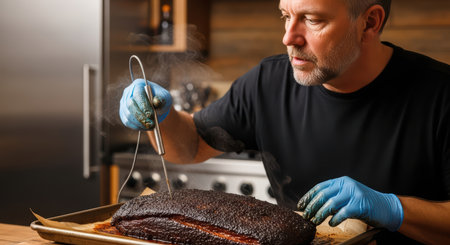 Mature caucasian male checking temperature of smoked brisket in kitchenの素材