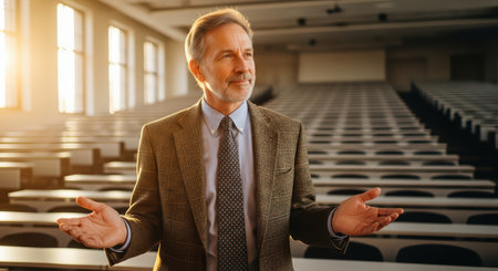 Mature caucasian male professor in empty lecture hall at sunsetの素材