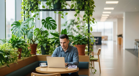 Young caucasian male working on laptop in modern green office environmentの素材