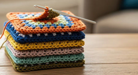 Colorful crochet squares with hook on wooden surfaceの素材