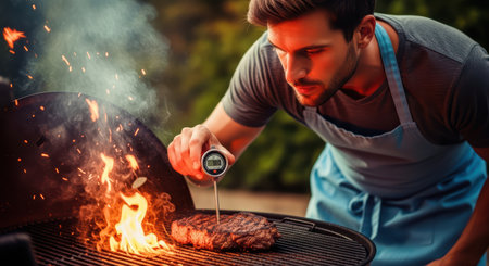 Young caucasian male grilling steak outdoors with thermometer in apronの素材