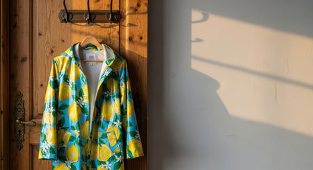 Colorful lemon-patterned jacket hanging on rustic wooden door in sunlit roomの素材