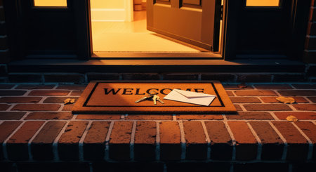 Welcome mat with keys and envelope on brick porch in evening lightの素材