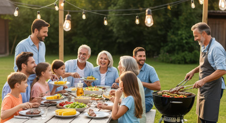 Family gathering: multigenerational caucasian group enjoying outdoor barbecue dinnerの素材