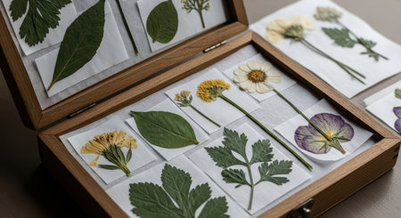 Collection of dried pressed flowers and leaves in wooden display boxの素材