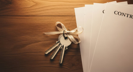 House keys on wooden surface with contracts ribbon tieの素材