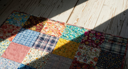 Colorful patchwork quilt on sunlit wooden floorの素材