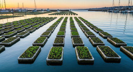 Floating gardens at sunset in serene harbor with sailboats and greeneryの素材