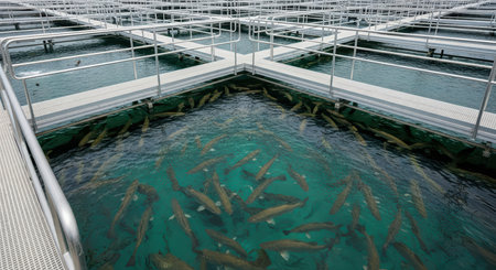 Salmon farming facility with metal walkways over transparent waterの素材
