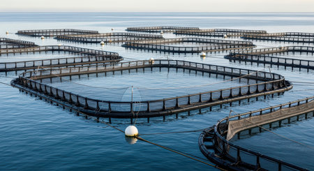 Coastal fish farming cages on tranquil sea surface under clear skyの素材