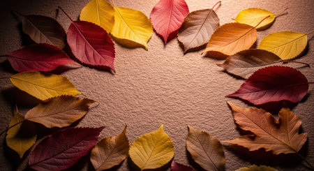 Autumn leaves in circular arrangement on textured surfaceの素材