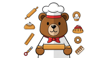 Cartoon bear chef with rolling pin surrounded by baked goodsの素材