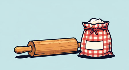 Wooden rolling pin and red checkered flour bag on light blue backgroundの素材