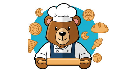 Cartoon bear chef baking with pastries and rolling pin in blue backgroundの素材