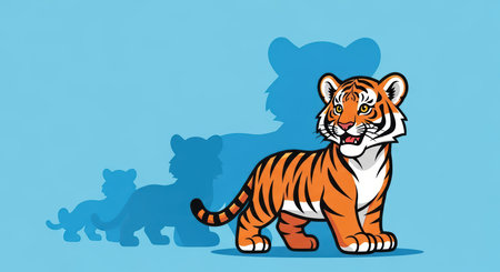 Cartoon tiger with shadow evolution on blue backgroundの素材
