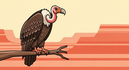 Vulture on branch in desert landscape with striped skyの素材