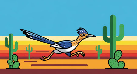 Cartoon roadrunner sprinting through desert with cacti under bright blue skyの素材