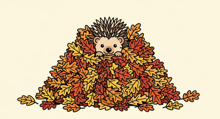 Cute hedgehog peeking from autumn leaf pile cartoon artの素材