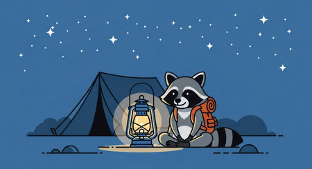 Cartoon raccoon camping at night with lantern and tent under starry skyの素材