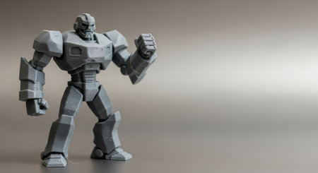 Gray robotic action figure on neutral background with raised fistの素材