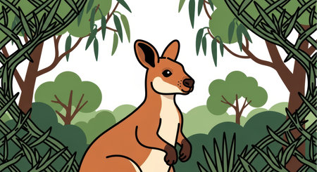 Cartoon kangaroo in lush forest surrounded by detailed greeneryの素材