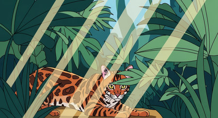 Illustrated leopard in sunlit jungle sceneの素材