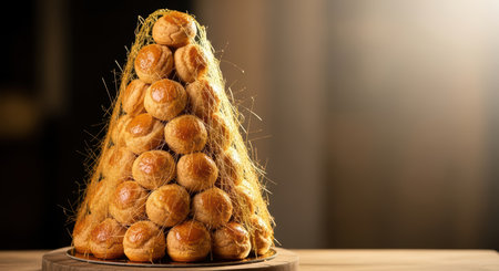 Croquembouche with caramel threads on wooden tableの素材