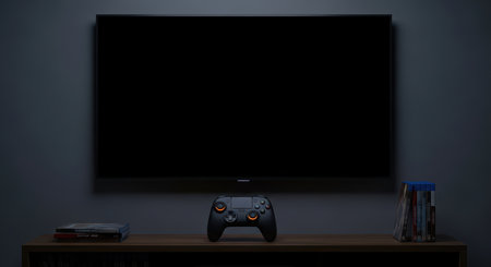 Gaming console controller on stand with flat screen tv in dimly lit roomの素材