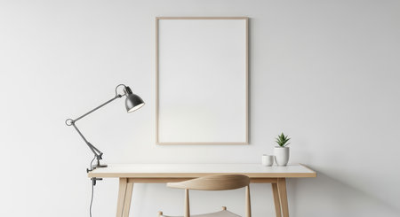 Minimalist home office with wooden desk and lamp in stylish workspaceの素材