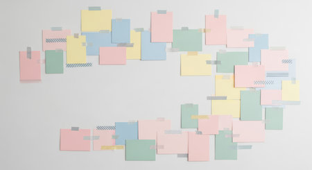 Colorful sticky notes arranged in spiral pattern on white wallの素材