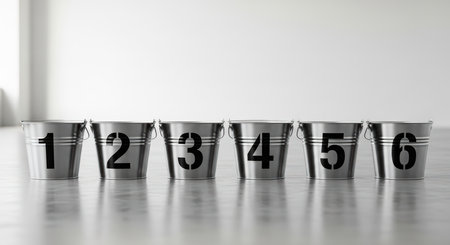 Six numbered metal buckets in a row on reflective surfaceの素材