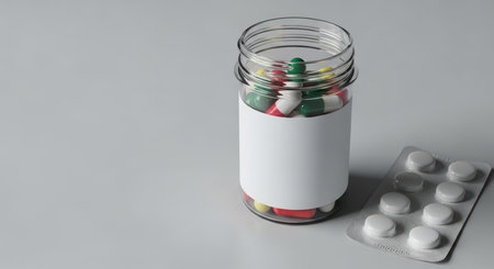 Assorted colorful pills in open jar with blister pack on gray backgroundの素材
