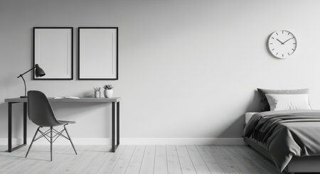 Minimalist bedroom and workspace with desk, bed, and decor in black and whiteの素材