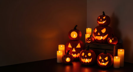 Spooky halloween pumpkin display with glowing candles in dark roomの素材