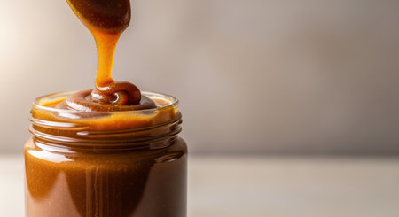 Creamy caramel drizzling into a glass jar of sweet syrup delightの素材