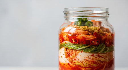 Spicy homemade kimchi in glass jar with fresh vegetables and red chiliの素材