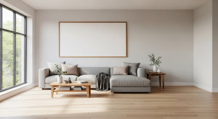 Minimalist living room with gray sofa and wooden coffee table in bright natural lightの素材