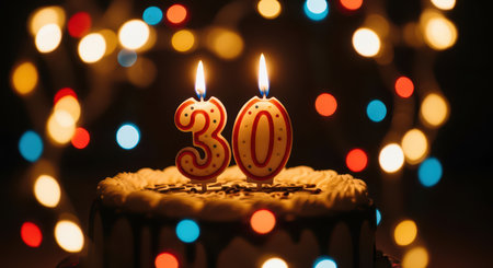 Celebratory cake with 30th birthday candles and colorful bokeh lightsの素材