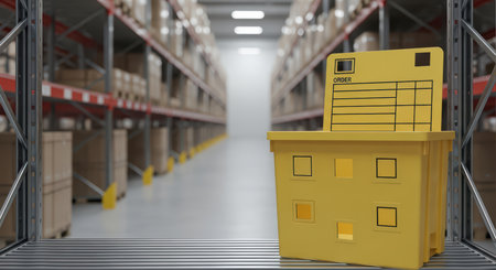Yellow delivery box in warehouse aisle with shelves and cardboard boxesの素材