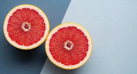 Fresh sliced grapefruit halves against blue backgroundの素材