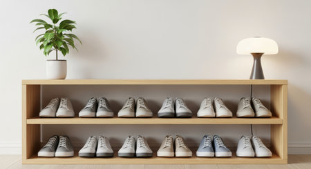 Organized wooden shoe rack with sneakers and modern decor in minimalist roomの素材
